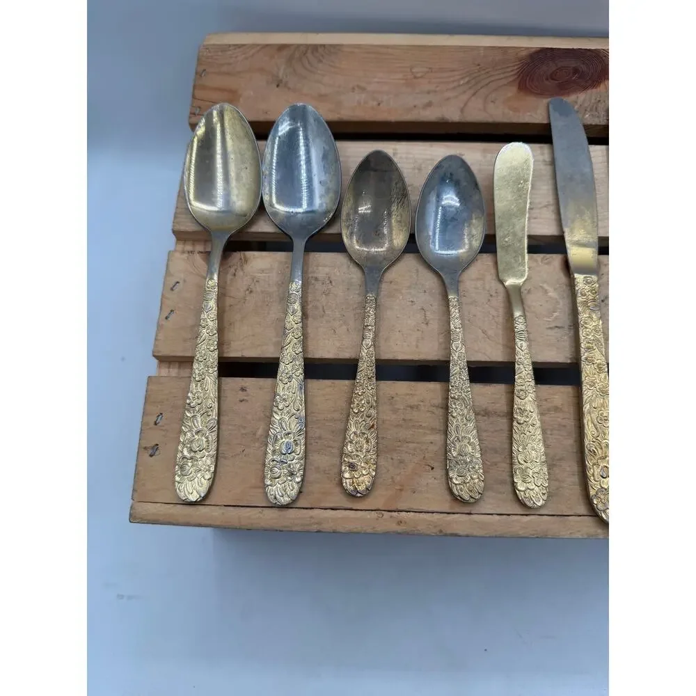 Vintage Lifetime Cutlery Gold-Tone Floral Stainless Flatware – 9 Piece Set